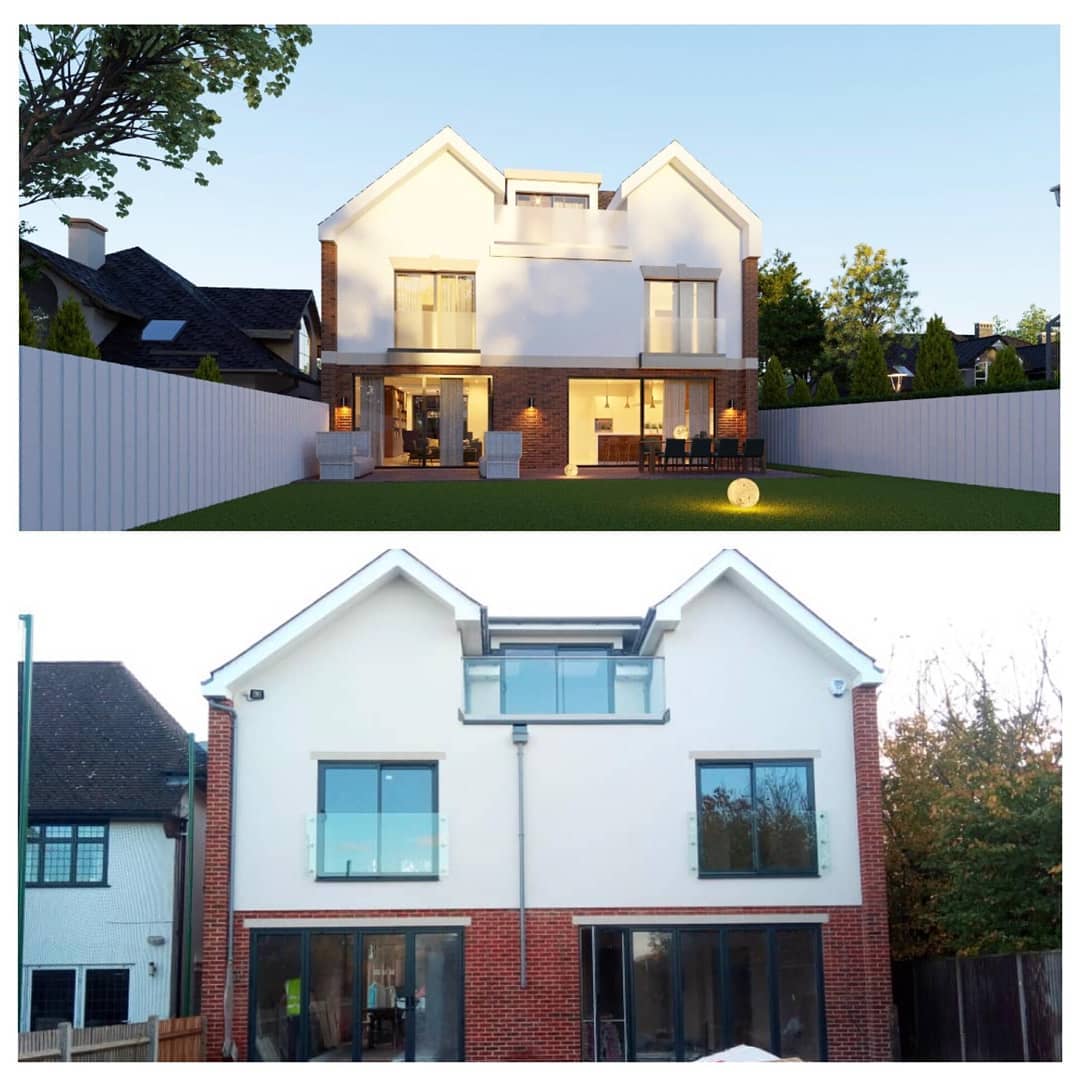 41 Barham rear elevation, two stacked views: above the dusk visualisation of the twin-gable white-and-brick house with lit interiors, glass balcony doors and a glowing sphere lamp on the lawn; below the same elevation in daylight, showing the glass-railed first-floor balcony between the gables.