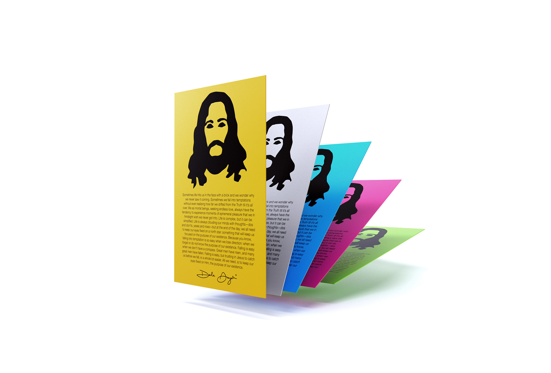 Beautiful Choices — five printed poster panels in yellow, silver, cyan, magenta and green, fanned in a white studio set