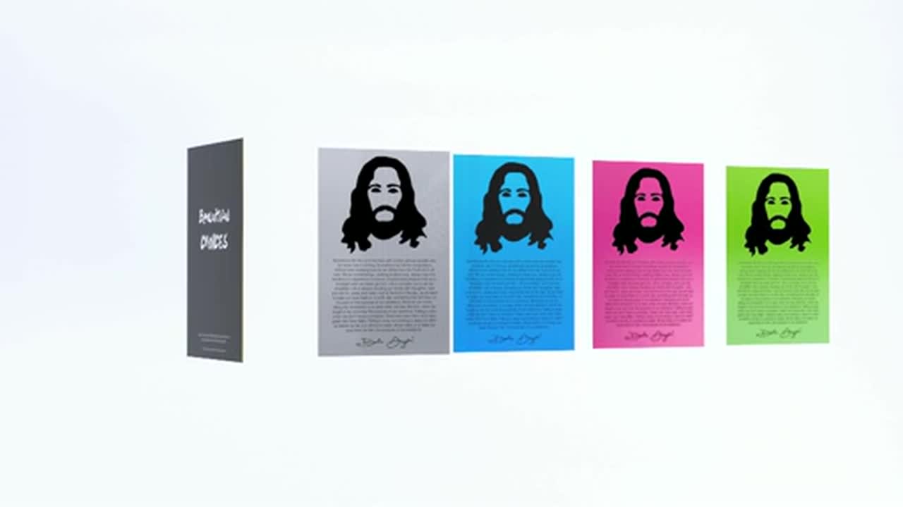 Frame from the animation: the grey cover panel alongside four poster colourways
