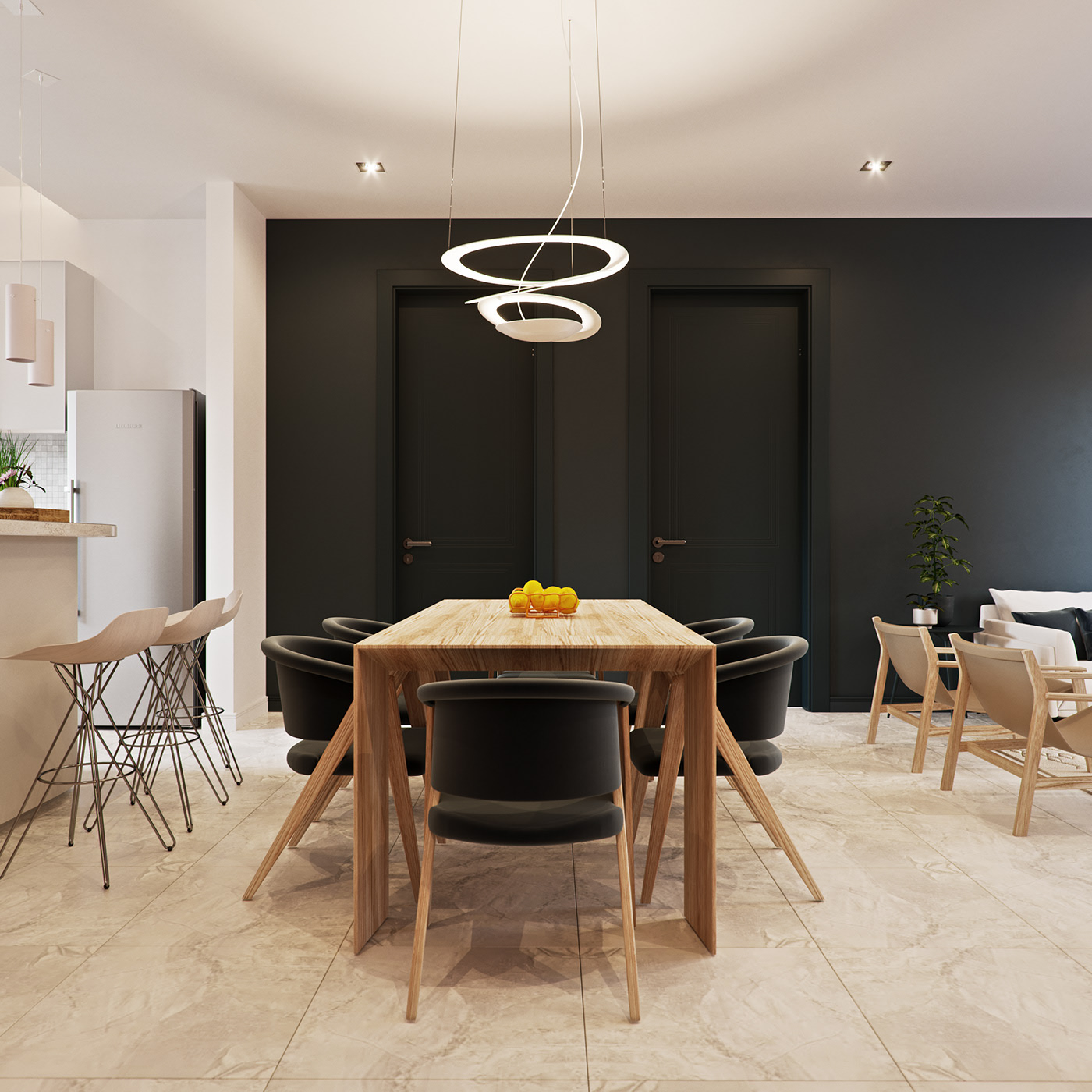 BFA dining area from the far end: an oak table with six black upholstered chairs under an interlocking LED ring pendant, a bowl of yellow citrus on top, two flush black doors in the wall behind and the bar with white wire stools at left.