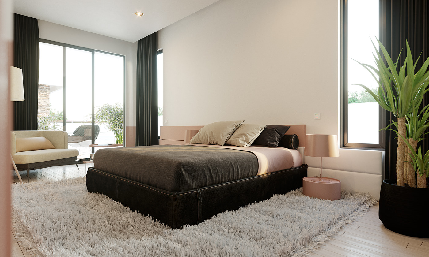 BFA bedroom from the far corner: the bed centred on a grey shag rug with a pink drum table and lamp at right, a cream sofa and floor lamp by the sliding glass doors to the terrace, tall dracaena in a black ribbed planter.