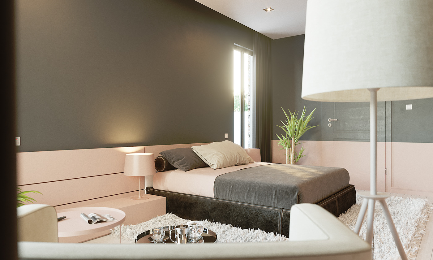 BFA bedroom at nearly the same angle as the plate behind the sofa, with a large white tripod floor lamp added at right against the dark grey upper walls and the same pink table, magazine and remote in the centre.