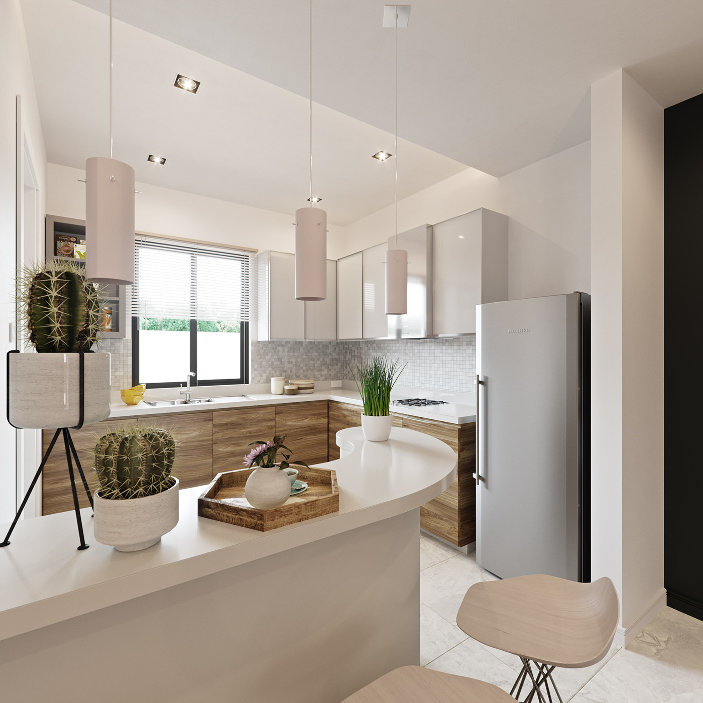 BFA kitchen in square crop: a white curved peninsula with potted cacti on a black tripod stand, three pale pink cylinder pendants, glossy white cabinets over oak base units, a sink under a blinded window and a silver Liebherr fridge.