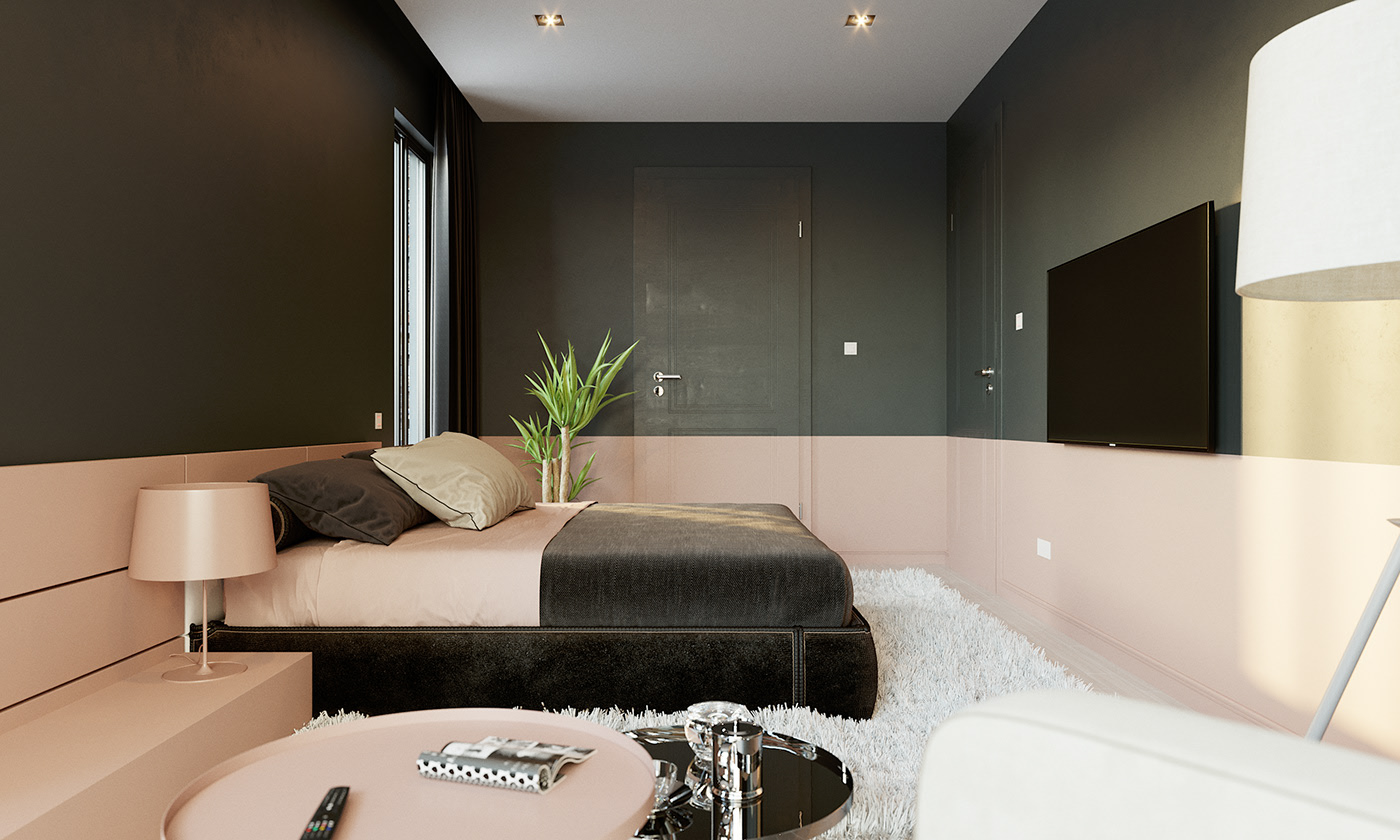 BFA bedroom panned toward the television wall: a black flat screen on the dark panel above a pink dado band, two dark doors, a dracaena on the pink ledge and the chrome tray and round table in the foreground.