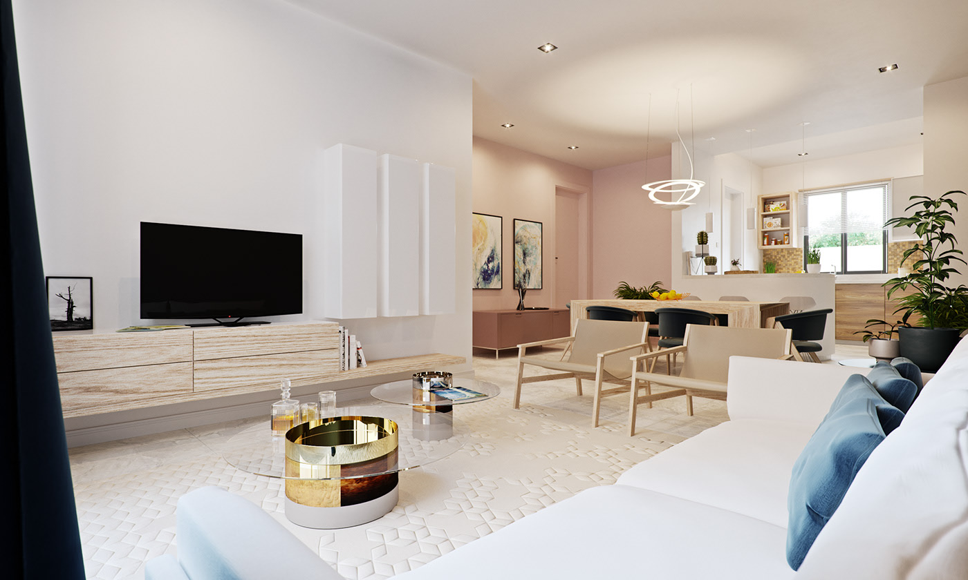 BFA living room from behind a white sofa with blue velvet cushions: two glass coffee tables on gold drum bases, an oak media console under a black television, an abstract diptych on the pink wall and the dining table beyond.