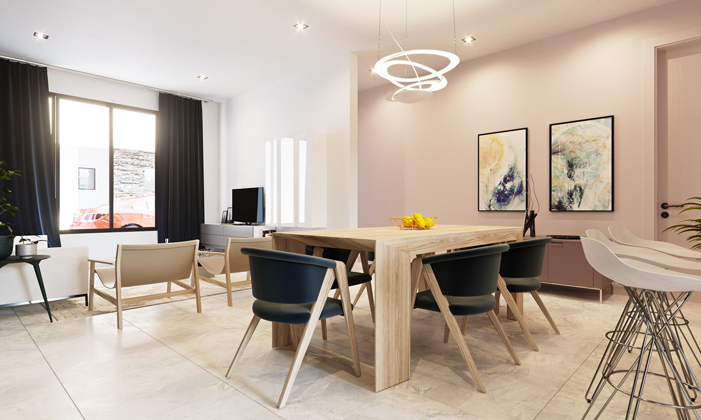 BFA dining table from the opposite end, camera low: the same oak top, black chairs, citrus bowl and ring pendant, with the pink wall diptych behind, black curtains and an orange car at the window, white wire bar stools at right.