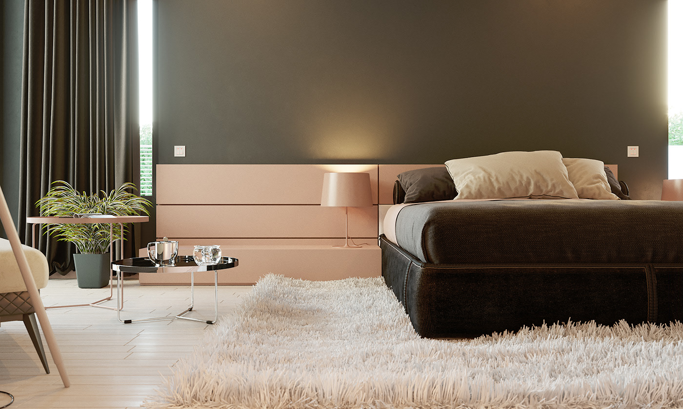BFA bedroom cropped low at the bed foot: dark grey wall over pink panelling, the pink lamp, a chrome-legged table with a silver ice bucket and crystal bowl, and a pink cantilever side table carrying a potted palm.
