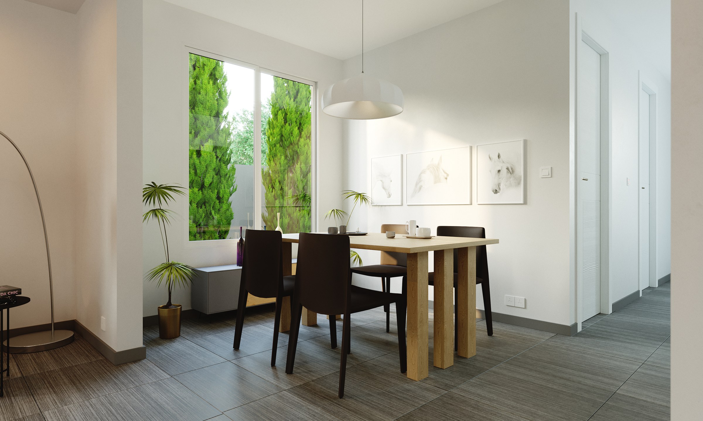 Render of a bright dining room: light oak trestle table with four dark chairs under a white dome pendant, grey plank floor, arc floor lamp and potted palm, two tall windows framing clipped evergreen hedges, framed prints on the right wall.