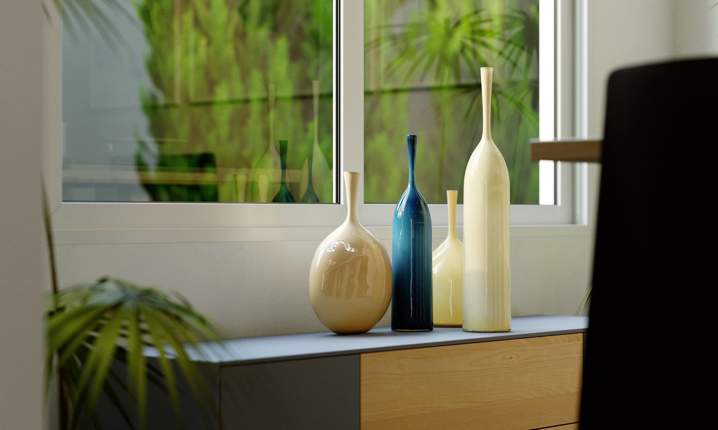 Brownie&rsquo;s Place - detail render of three tall ceramic bottles, two cream and one teal blue, grouped on a low sideboard with a timber drawer and grey body, a window of soft-focus green leaves behind them and a palm frond and dark chair edge in the foreground.
