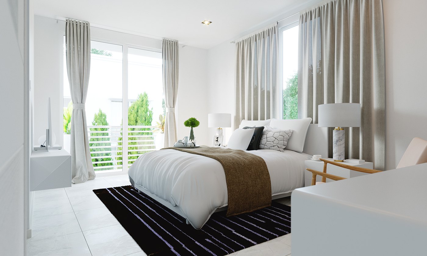 Render of a bedroom with two tall windows and sheer curtains opening to a balcony railing and hedges: white-bedded double with a brown throw and black cushions, striped black-and-white rug, bedside table with a shade lamp, white armchair at the edge.