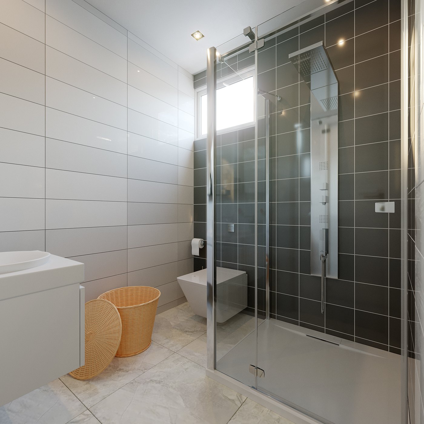 Render of the bathroom from the opposite corner: glass-enclosed shower with dark grey walls and a chrome shower column, white tiled side wall, wall-hung toilet, woven basket and round mat on a pale stone floor, edge of a white vanity at the left.