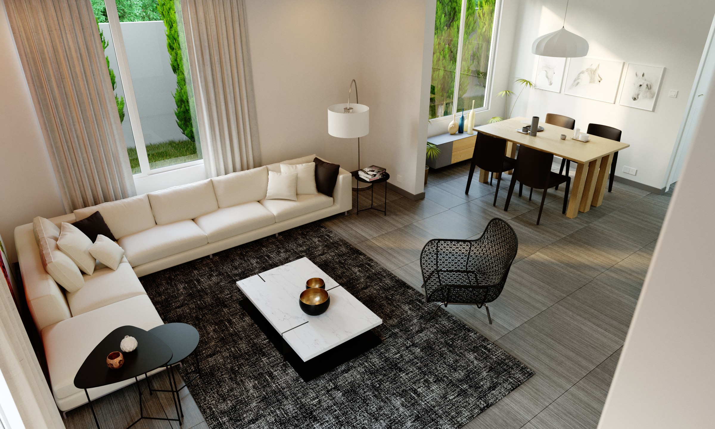 High-angle render looking down the open-plan space: cream sectional, black wire chair and white coffee table grouped on a grey rug, side tables and a floor lamp, and the dining table with dark chairs beyond under a white pendant.
