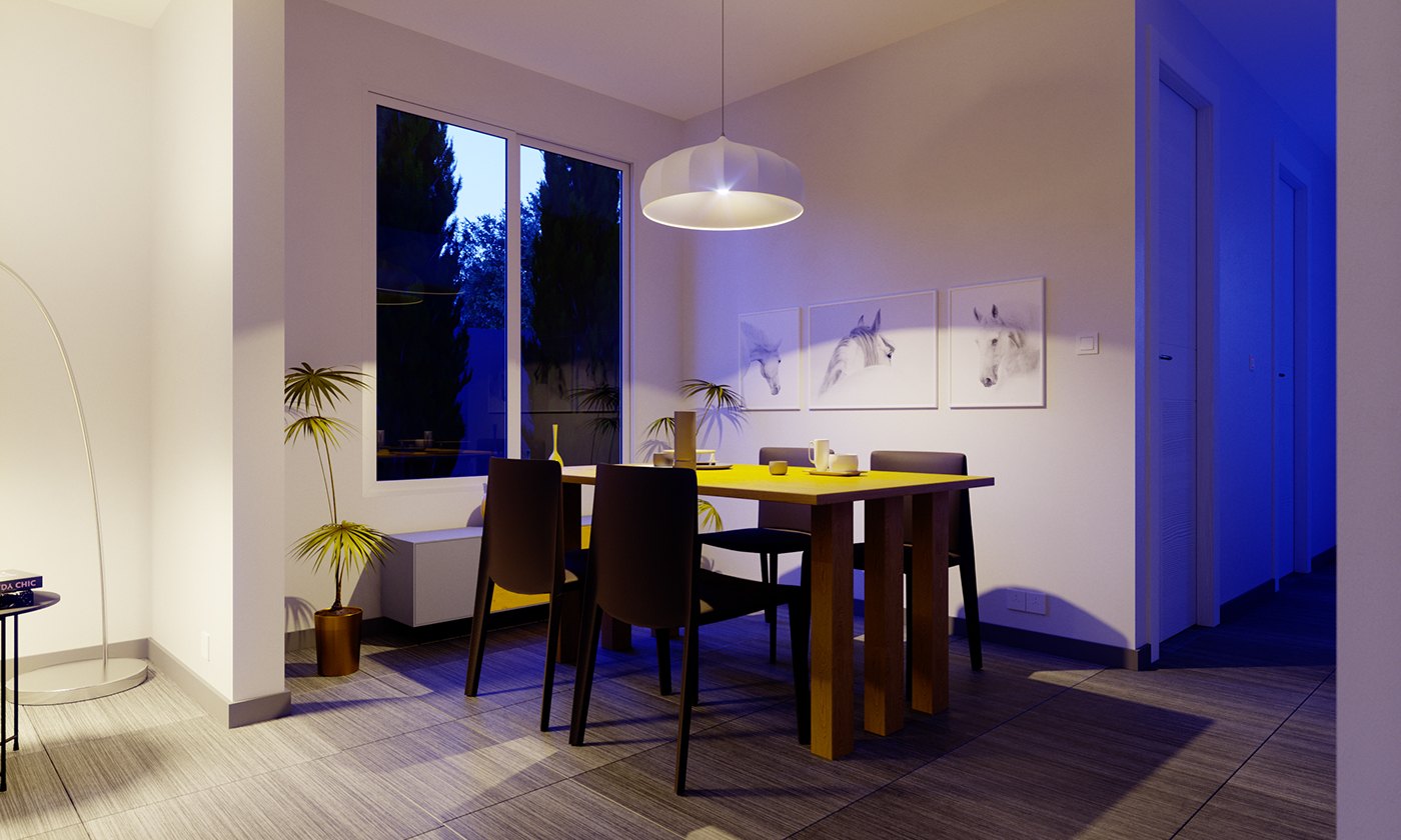 Evening render of the dining room: pendant light glowing over the oak table and dark chairs, blue dusk beyond the window, framed prints on the wall, arc lamp and potted palm at the left, and long shadows across the plank floor.