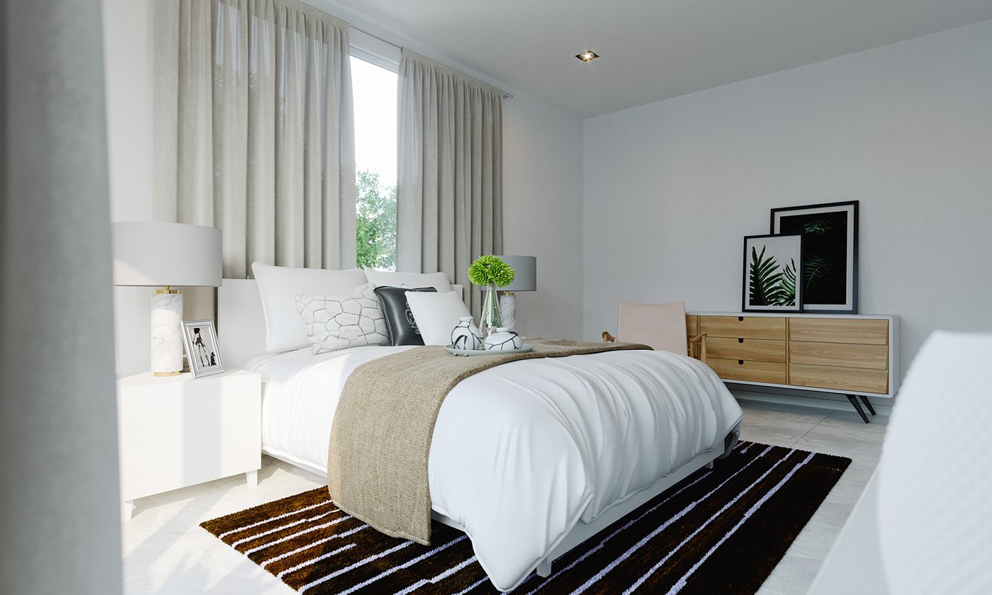 Render of a white bedroom: double bed in white linens with a beige throw over a black-and-white striped runner, oak sideboard with a framed botanical print above, sheer curtains, arched floor lamp and a plant on the nightstand.