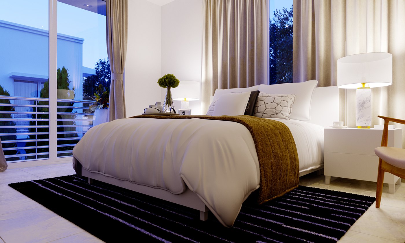 Night render of the bedroom: lit table lamp on a white nightstand, white bedding with a mustard throw, black-and-white striped rug and a timber chair at the foot, dusk blue beyond the curtained glazed door and its balcony railing.
