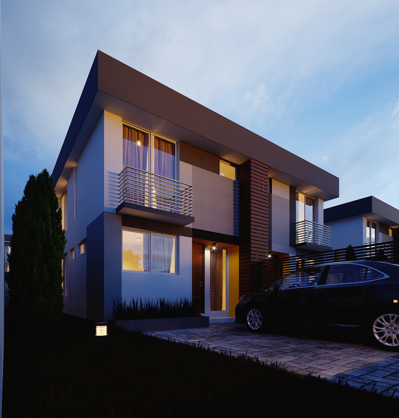 Dusk exterior render of the two-storey house: white and grey rendered volumes with a timber-slatted panel, cantilevered upper floor over metal balcony railings, warm light in the windows, a dark car on the paved drive and planting along the front.