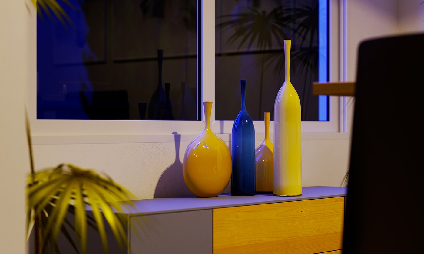 Night detail render: yellow and deep blue glass bottles grouped on the timber-fronted sideboard, a dark window reflecting dusk blue behind them, and a palm frond catching the light at the left of the frame.