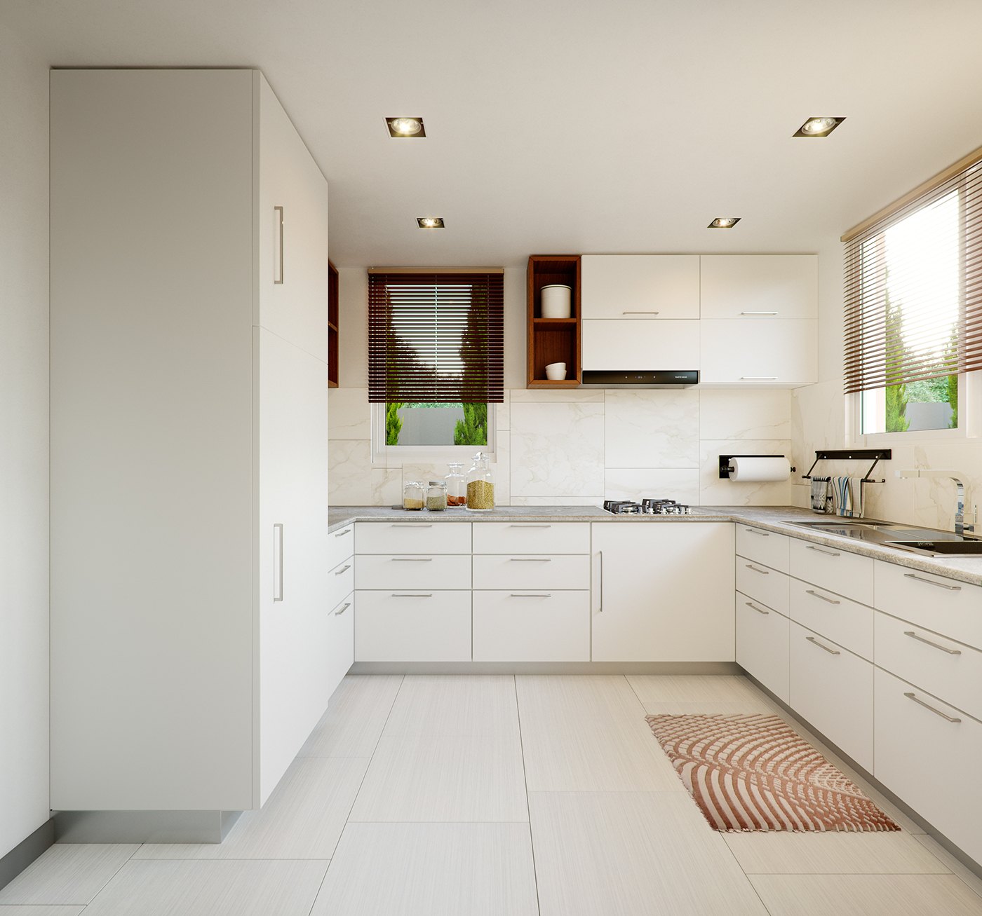 Render of the kitchen from the tall pantry end: full-height white gloss units, low run with marble-effect worktop and splashback, dark timber open shelving and wall cabinets, stainless oven, hob and hood, window with blinds and pale floor tiles.