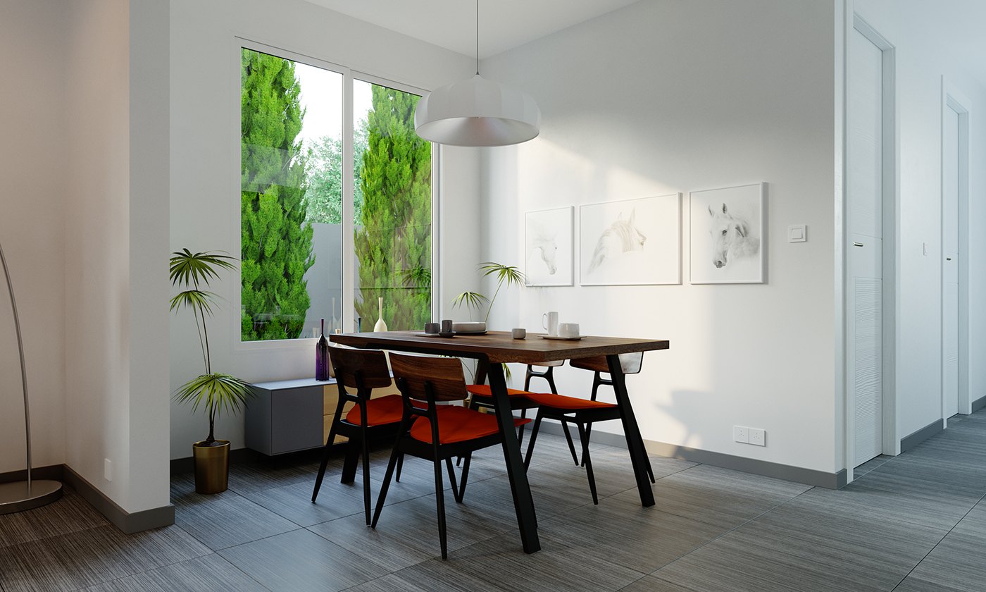 Render of the dining room in a darker scheme: black trestle table with red-cushioned chairs under a white dome pendant, grey plank floor, two tall windows onto clipped hedges, framed botanical prints on the white wall and a potted palm at the left.