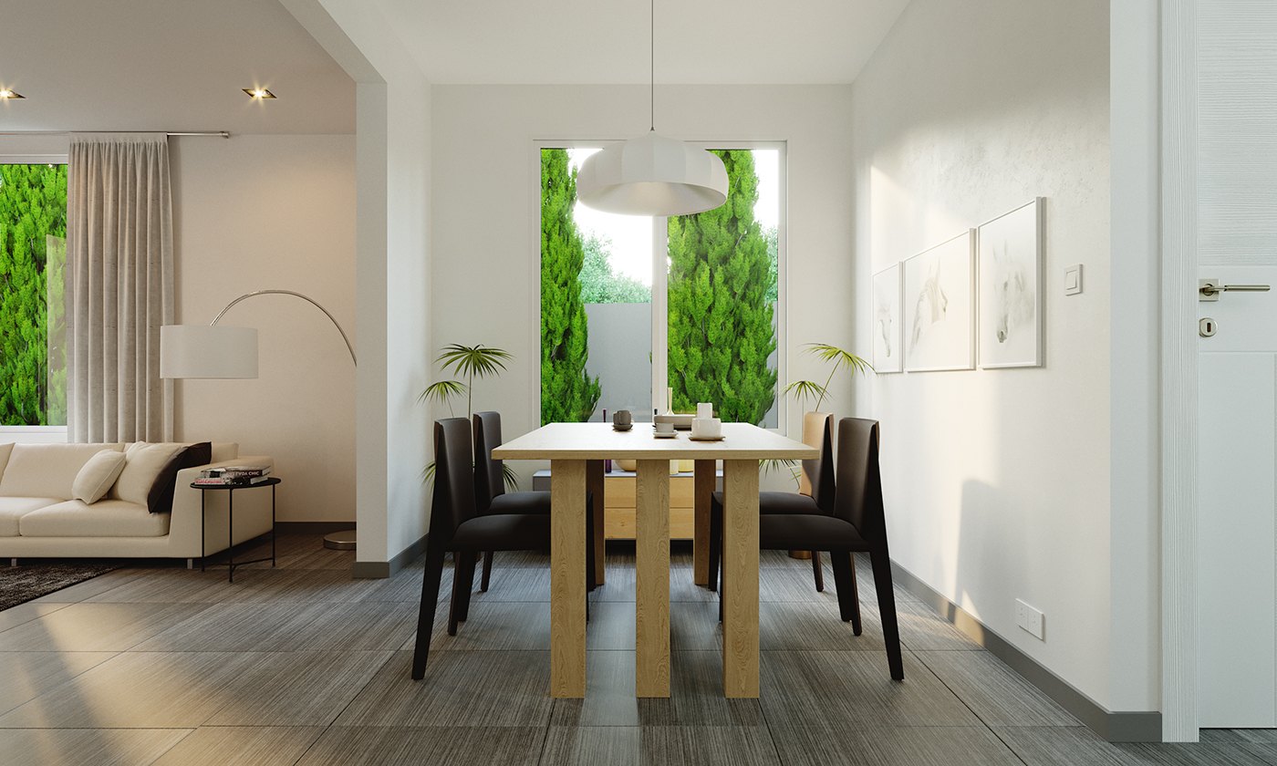 Render of the same dining space from a wider angle: oak trestle table and dark chairs centred under a white pendant, beige sofa and arc lamp at the left, grey plank floor, two windows onto tall hedges and prints hung near the entrance door.
