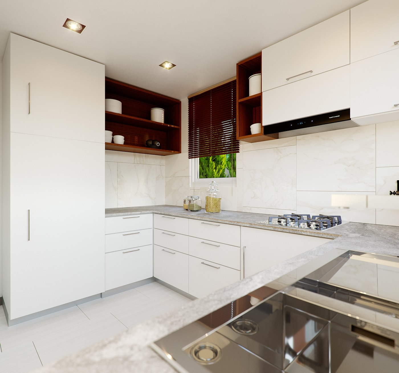 Render across the kitchen island: a marble-effect top with an inset stainless sink in the foreground, white gloss cabinets and dark timber shelving beyond, gas hob and extractor, window with greenery and recessed downlights over the pale floor.