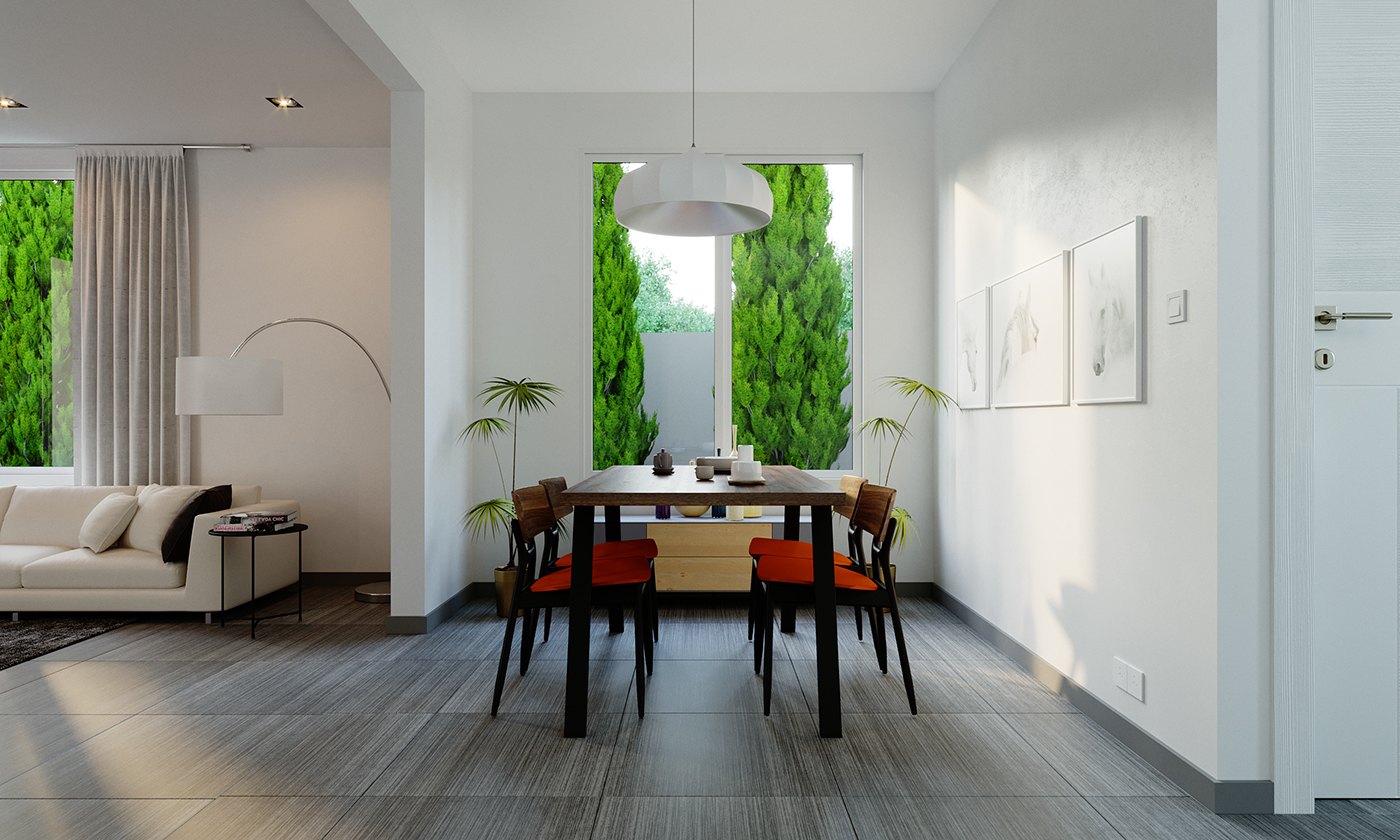 Daylight render of the dining area opening into the lounge: black trestle table with red-cushioned chairs, white pendant above, beige sofa and arc lamp at the left, grey plank floor and tall windows framing hedges, prints hung beside the doorway.