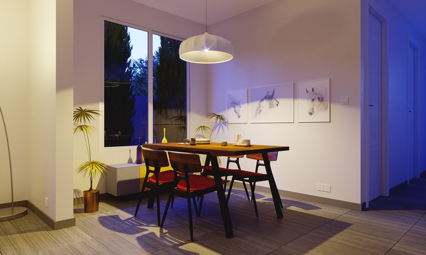 Evening render of the same dining area: pendant and wall lights warm against blue dusk in the windows, red-cushioned chairs casting long purple shadows on the plank floor, sofa and arc lamp at the left, prints glowing on the right wall.