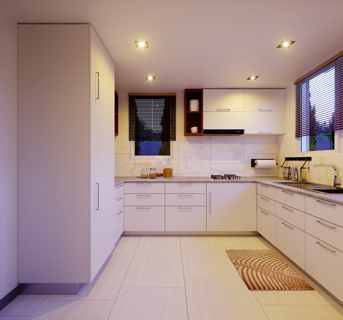 Evening render of the kitchen: white gloss units and dark timber shelving under warm downlights, a striped mat on the pale tile floor, and a window with blinds opening to a deep blue dusk sky.