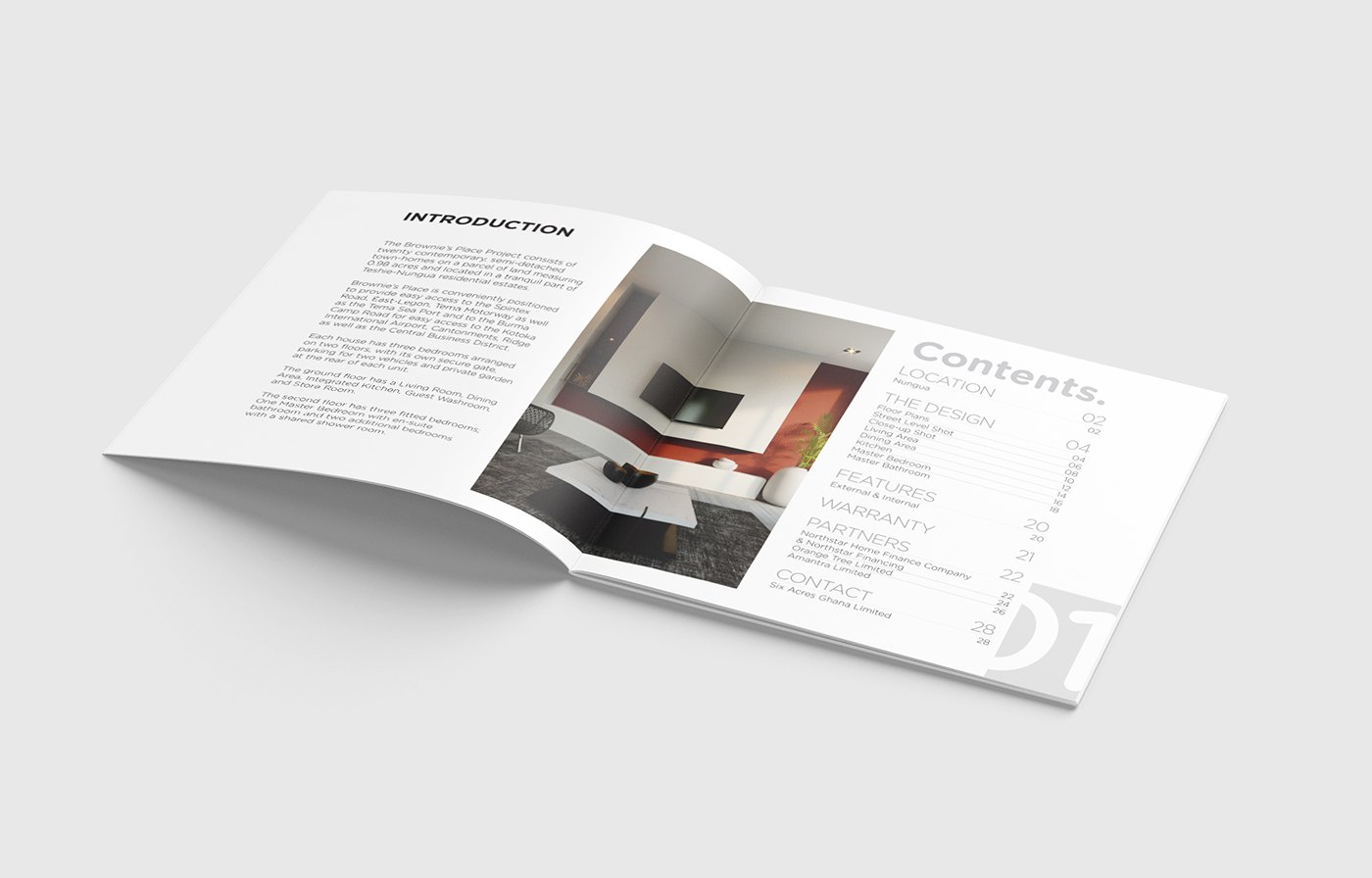 Open brochure spread mockup: left page headed INTRODUCTION with body copy above an image of the lounge and its red feature panel, right page headed Contents with a short list and a line of rotated text down the outer edge.