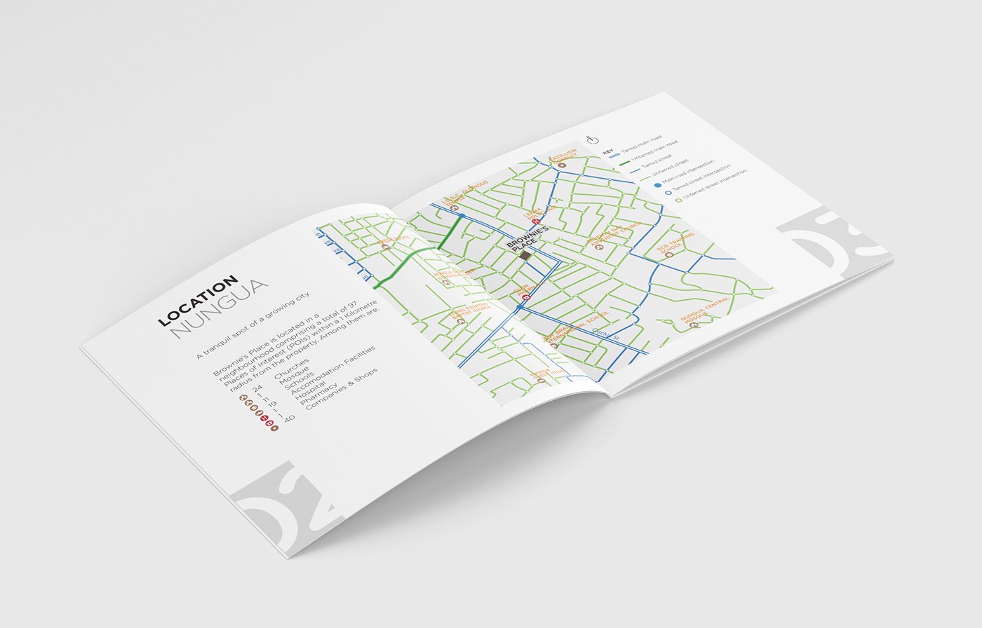 Brochure spread mockup: left page headed LOCATION with an introductory paragraph and a small legend list, right page a street map of the surrounding area with route lines and a central marker, ghosted numerals at the outer bottom corners.