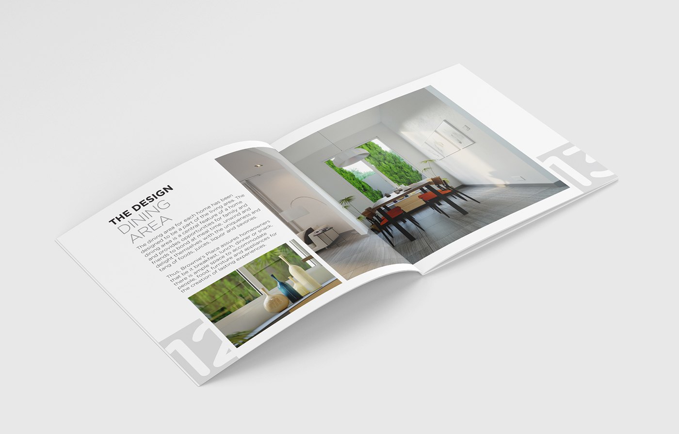 Brochure spread mockup: left page carries a three-line heading beginning THE DESIGN above body copy and a small interior image, right page a full-bleed view of the dining room with red-cushioned chairs, both pages on a plain grey background.