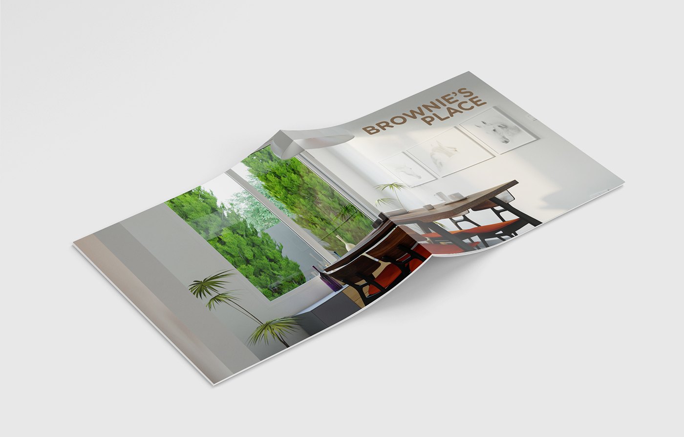 Brochure mockup of the booklet standing and part folded so cover and inner panels fan open: the brown BROWNIE&rsquo;S PLACE title on the cover, an interior dining image on one panel and a hedge-and-palm view on another.