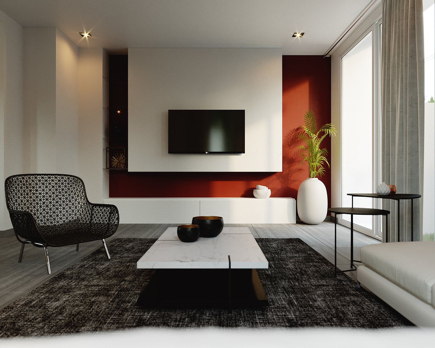 Render of a living room focused on a deep red recessed niche behind a wall-mounted television, low white console, black wire-mesh armchair, white-topped coffee table on a dark shag rug and a tall white floor vase beside full-height curtained glazing.