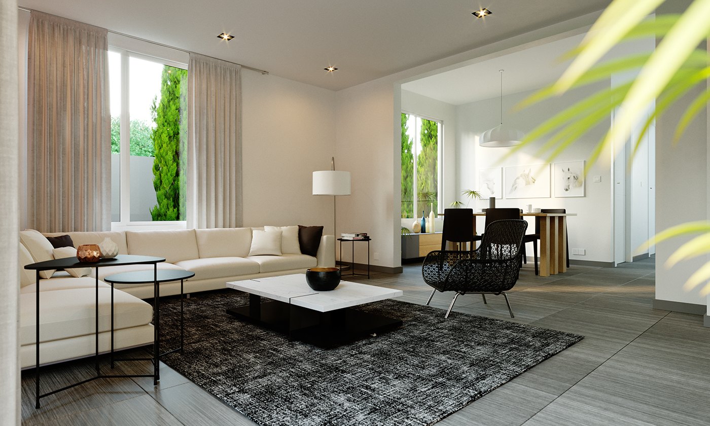 Render of an open-plan lounge: cream L-shaped sofa and black wire armchair around a white coffee table on a grey shag rug, slim black side tables, floor lamp, dining table visible beyond, tall windows with hedges and a palm frond at the frame edge.