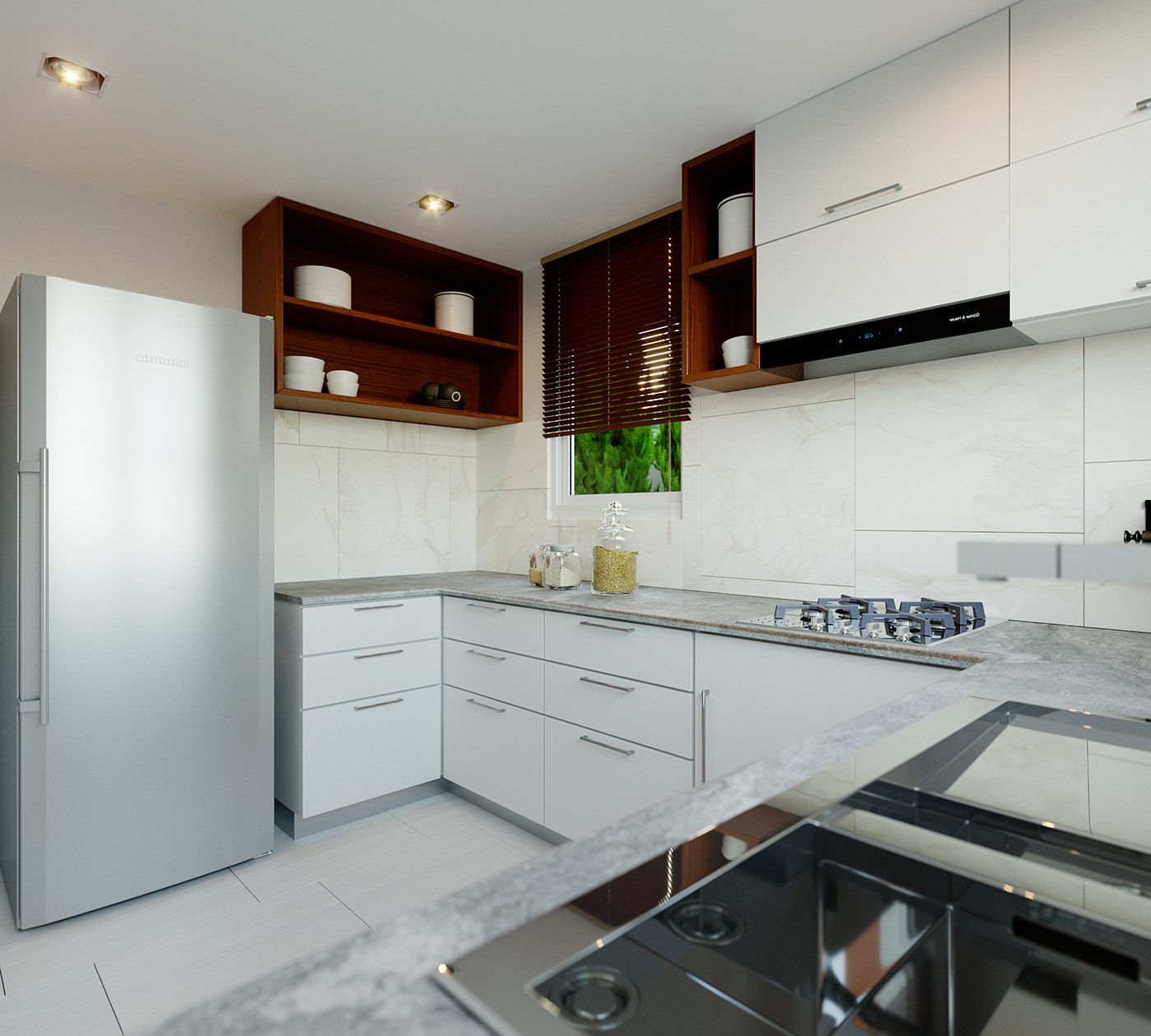 Render of the kitchen seen over a marble-effect island fitted with a stainless sink: white gloss base units, dark timber shelves holding white dishes, stainless fridge, gas hob and extractor, and a window looking out to greenery under recessed ceiling lights.