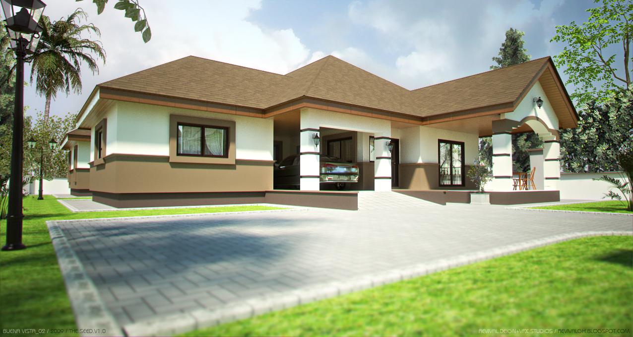 A three-quarter daylight view across a paved forecourt of a single-storey house: cream roughcast walls banded in tan below the eaves, under a brown tiled hip roof that steps down in three planes. An open carport sits at the centre with a saloon parked beneath it, and to the right a tall arched opening frames a covered patio with garden chairs beyond. The forecourt is laid in interlocking blocks with a concrete apron and is bordered by close-cropped lawn, a black columned lamp post and a palm rise at the left, and taller trees close the background under a pale blue sky with soft cloud.