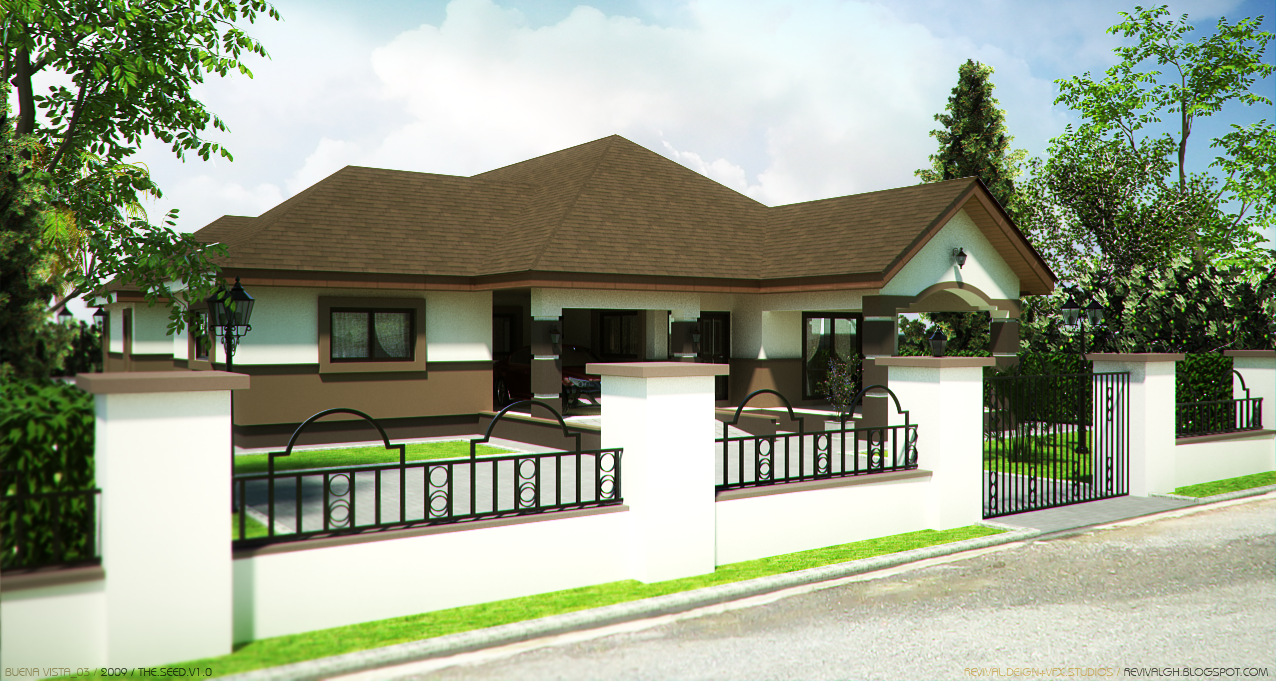 The same house seen from across the road, framed by its boundary wall: white piers capped in tan carry black metal railings run through with arched heads and circular motifs, with a black sliding gate at the right. Behind the wall the single-storey plan reads as one broad mass under a brown tiled hip roof, its central carport in shadow and the tall arched porch breaking the right-hand gable. Lawn edges the pavement, planting fills the beds behind the railings, a lamp post stands at the left pier and mature trees rise either side against a bright, lightly clouded sky.