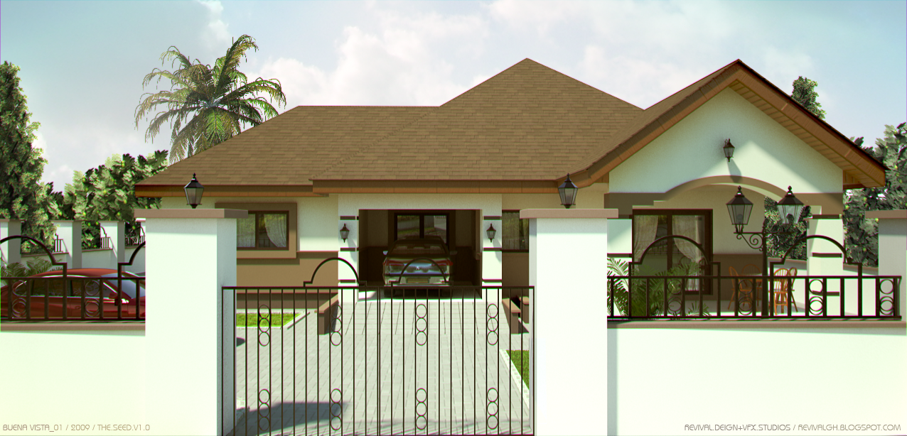 A head-on view straight through the open gate, so the piers and railings frame the elevation symmetrically. The carport arch sits at the centre with a saloon backed beneath it and the paved drive running out to the street, while to the right a taller arch shelters the entrance porch and a table and chairs set out beyond it. A red car is parked behind the wall at the far left, a palm rises above the roofline and black lamp lanterns are mounted on the piers and the eaves, all under a pale sky with thin cloud.