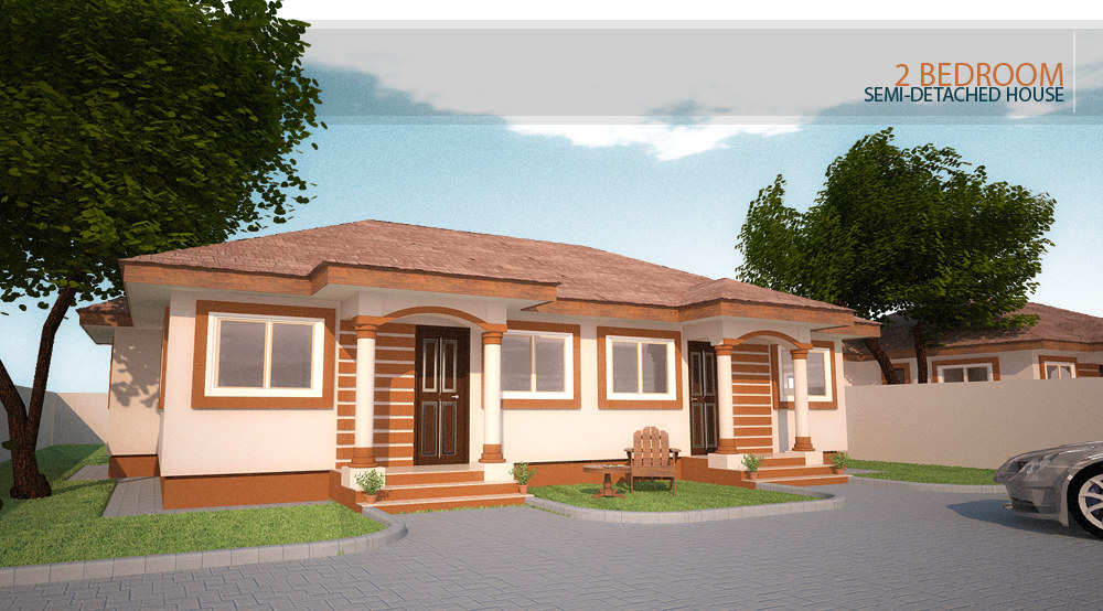 A finished daylight rendering of the two-bedroom semi-detached house: a single-storey pair in cream walls dressed with red-brick quoins, piers and string courses under a hipped terracotta-tiled roof, its two front doors each set under an arched canopy carried on slim columns, brick-dressed windows, narrow lawn strips and a wooden armchair between the two entrances, a paved interlocking drive in the foreground, the nose of a car at the right and a matching neighbour behind the boundary wall, with two leafy trees framing the composition and the title band &ldquo;2 BEDROOM &mdash; SEMI-DETACHED HOUSE&rdquo; across the top.