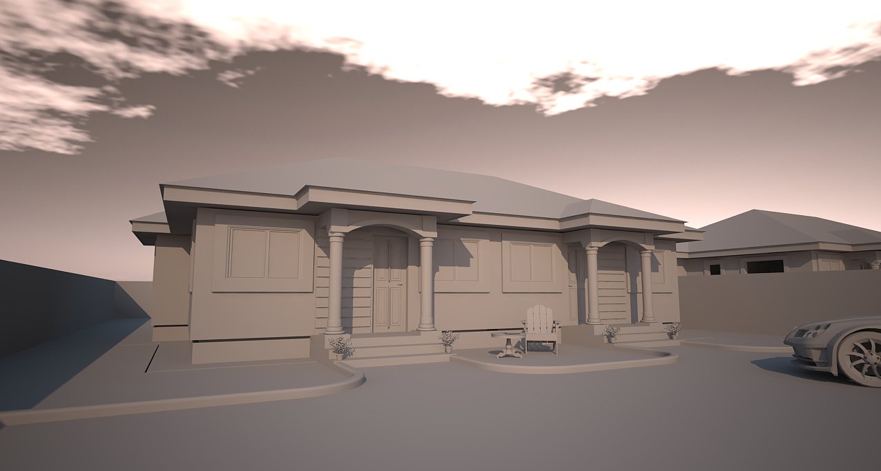 The same camera and the same house shown before any material was applied: an untextured clay model in flat grey, the arched porches, columns, doors, windows, garden chair and car all present as geometry only, set on a bare ground plane under a dusk sky with pink-lit clouds; the frame carries no title band.