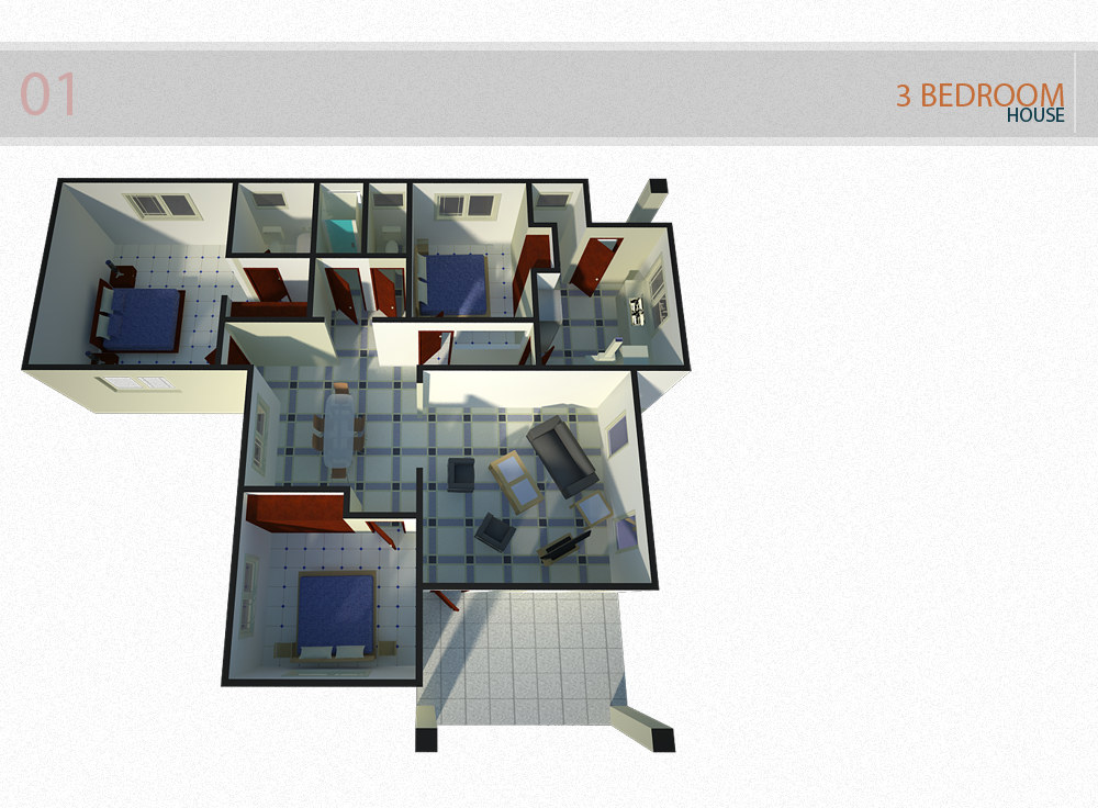 A furnished cutaway plan of the three-bedroom house seen from above and slightly to one side, the roof removed so that three bedrooms with blue bed-linen, two bathrooms, a kitchen with a hob along the rear wall, a dining table with chairs and a living room suite all read at once across white tiled floors picked out with grey accent tiles, with the title band &ldquo;01 &mdash; 3 BEDROOM HOUSE&rdquo; across the top.