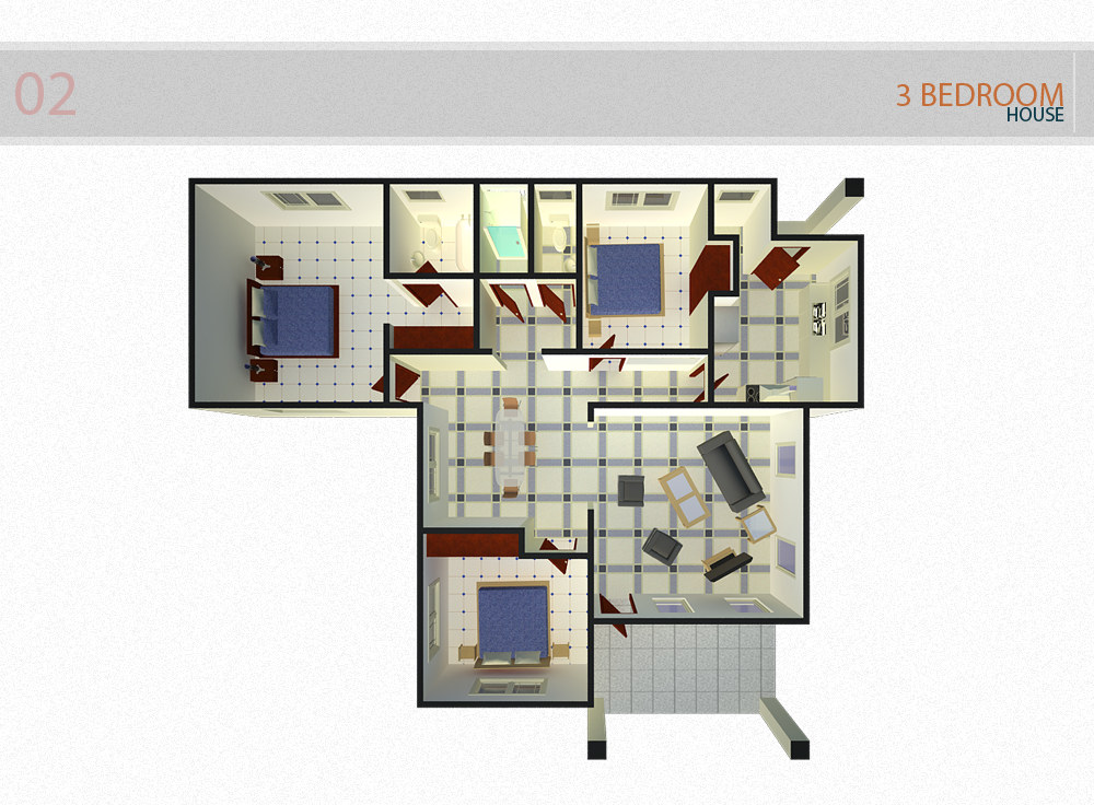 The same three-bedroom plan from a second, squarer angle, the L-shaped outline of the block and the covered patio at the near corner more clearly visible while the bedroom, bathroom, kitchen and living furniture stays in the same positions, on the same white ground, under the title band &ldquo;02 &mdash; 3 BEDROOM HOUSE&rdquo;.