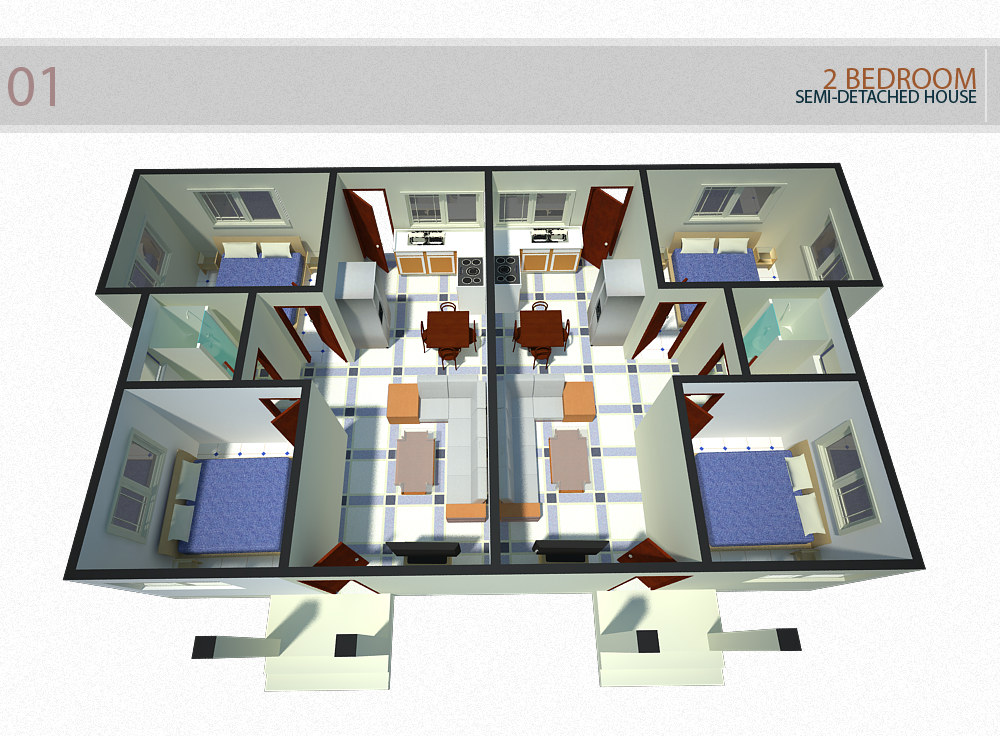 A furnished cutaway plan of the two-bedroom semi-detached pair, the roof removed to show two mirror-image units side by side behind a shared party wall: a bedroom at each outer corner and another at each front, a bathroom with a turquoise floor in each half, a kitchen with a hob at the rear, a dining table with four chairs mid-plan and a sofa suite facing a television at the front, all on white tiles with grey accents, under the title band &ldquo;01 &mdash; 2 BEDROOM SEMI-DETACHED HOUSE&rdquo;.