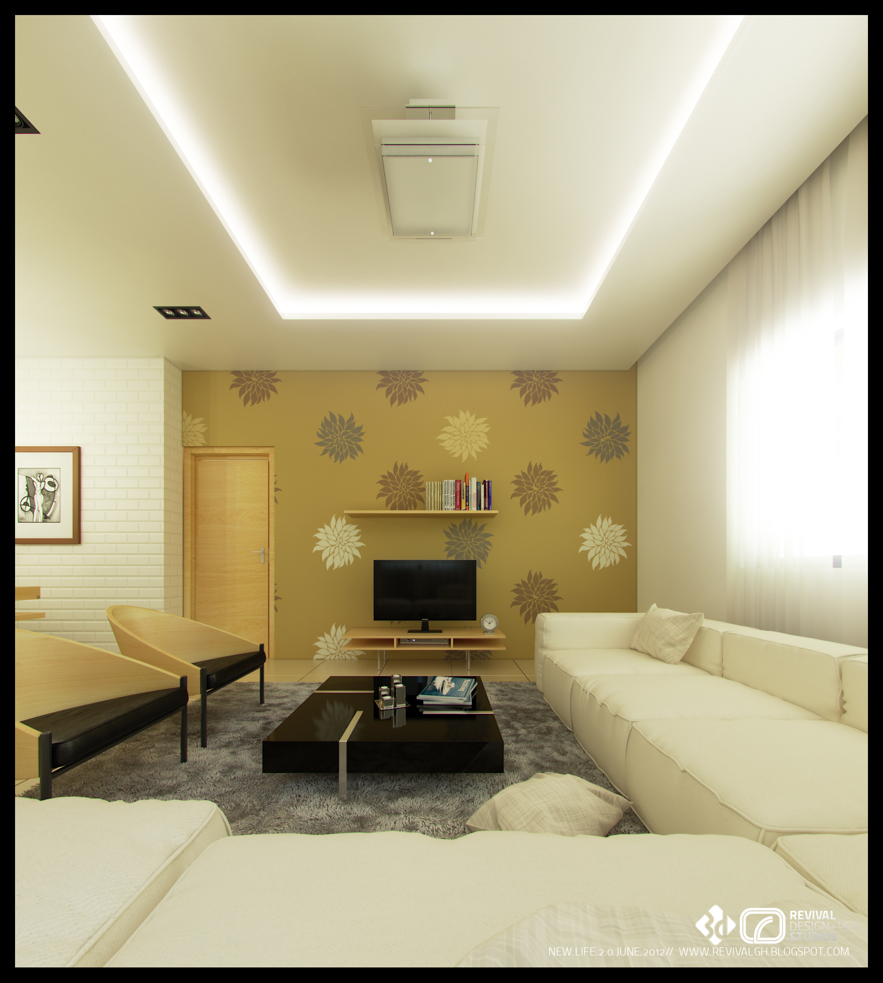 3D visualization of a modern lounge: a cream L-shaped sectional sofa faces a low black lacquer coffee table on a grey rug, against a mustard feature wall printed with pale floral motifs and a floating shelf of books, under a cove-lit recessed ceiling.
