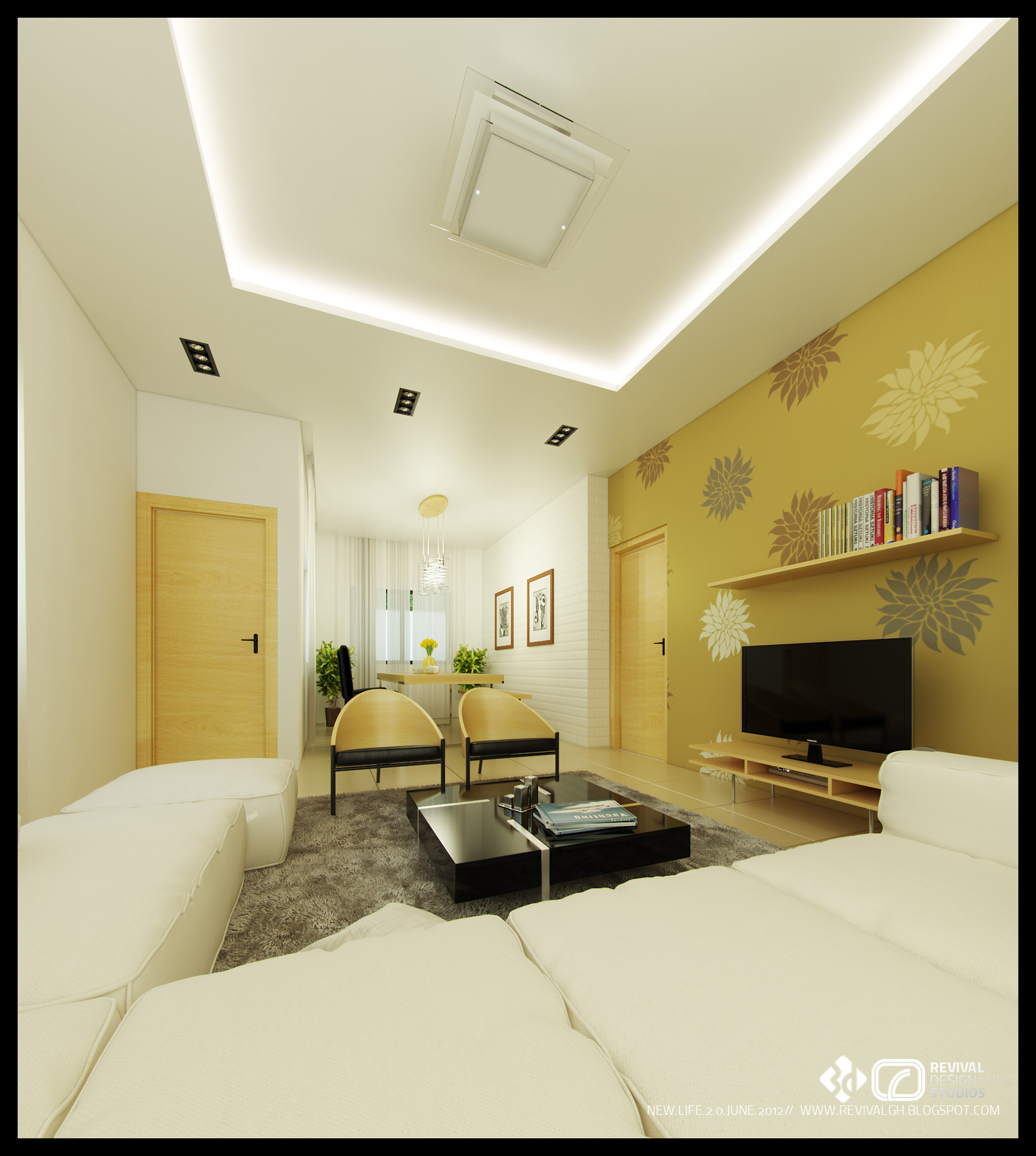 Second camera angle on the same lounge, showing the wraparound cream sofa, two tan accent chairs, a television standing on a low console and the ochre floral feature wall, all lit by concealed cove lighting beneath a stepped white ceiling.