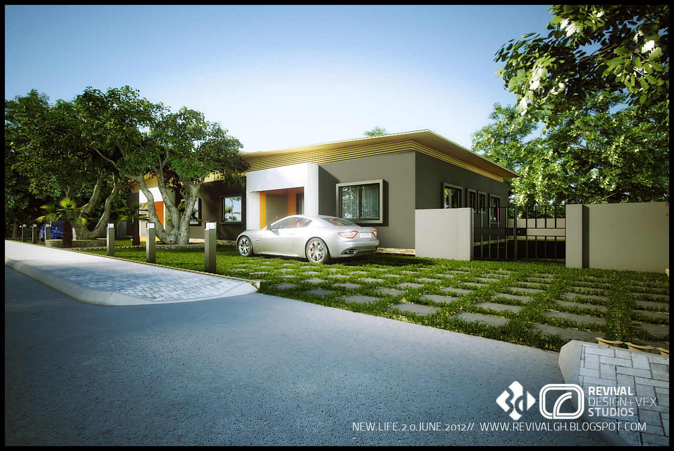 Daytime street view of the single-storey house: grey walls under a warm timber-banded roof fascia, a white porch with an orange soffit, a silver sports car parked on a grass-block paved driveway, bollard lights along the kerb, mature trees framing the approach and a small studio watermark in the corner.