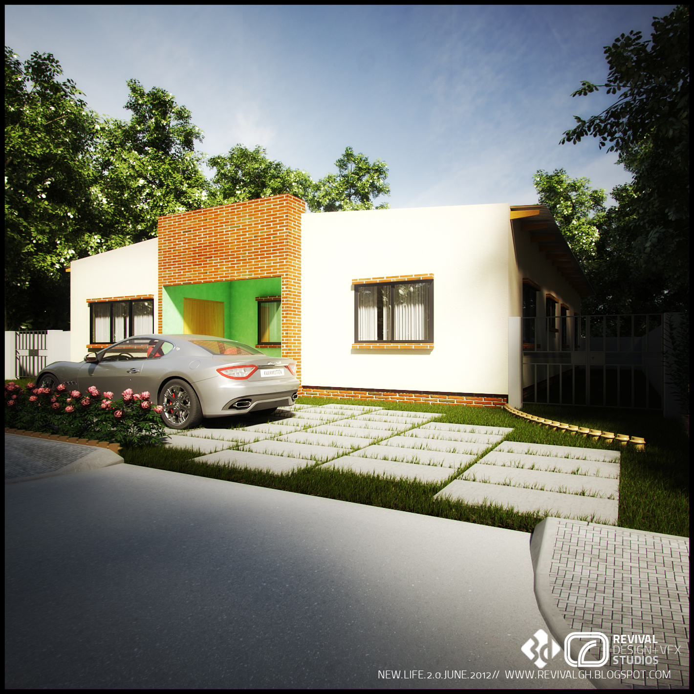 Street elevation render of the house in daylight: white walls punctuated by a terracotta brick screen and a green-framed opening, a silver car at the kerb, grid pavers over lawn and a flower bed, set against tall leafy trees.