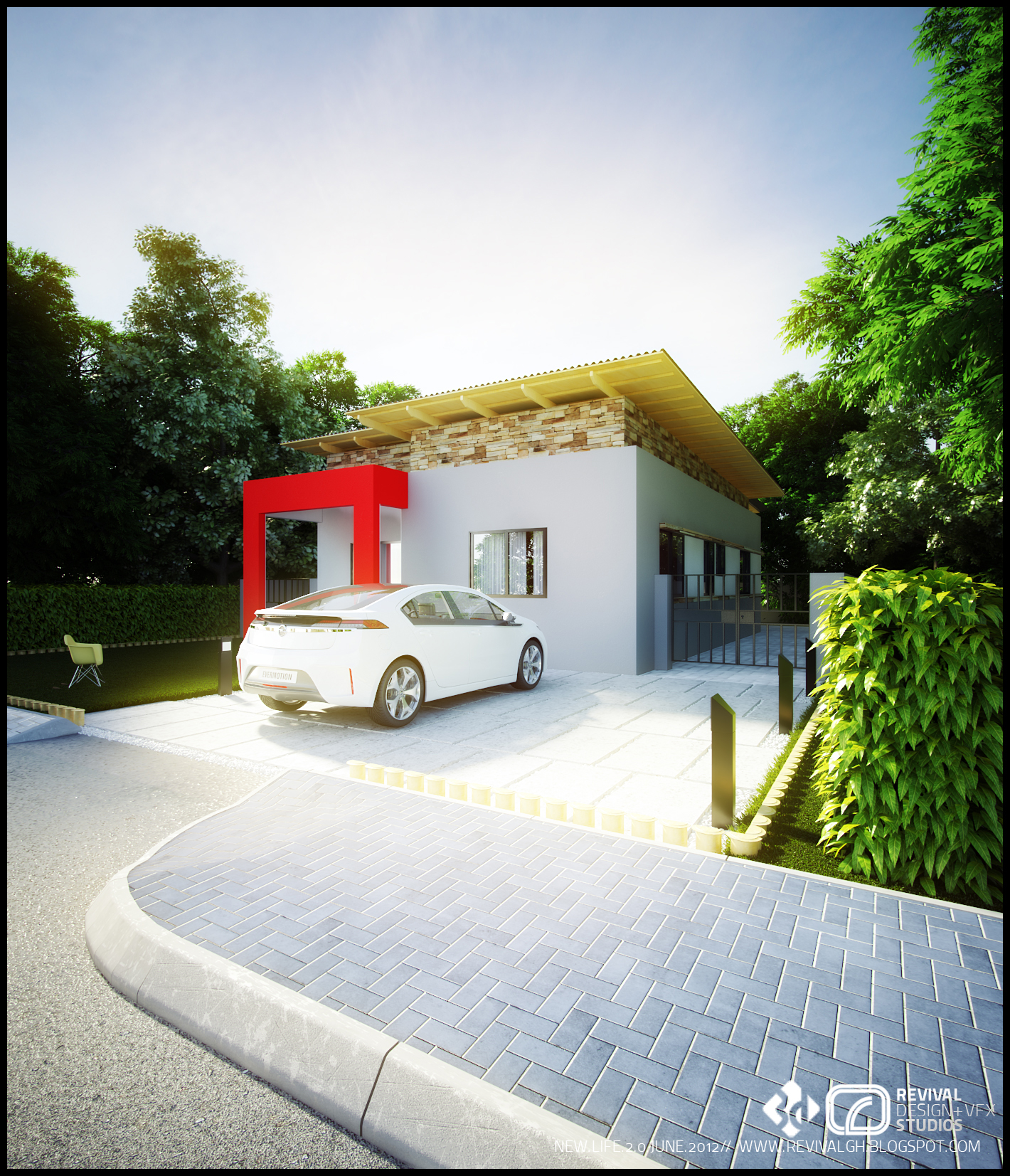 Another daytime exterior view: the white house accented by a bold red portal frame, a stone-clad upper band and a timber-lined roof edge, a white car on a pale paved forecourt, clipped hedges and greenery, rendered under a bright clear sky.
