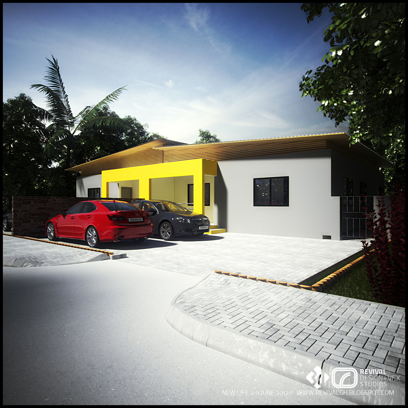 Dusk exterior render: a yellow-accented volume of the house glows against a deep blue sky, with a red car and a black car parked on the paved forecourt, palm trees at the side and warm light spilling from the openings.