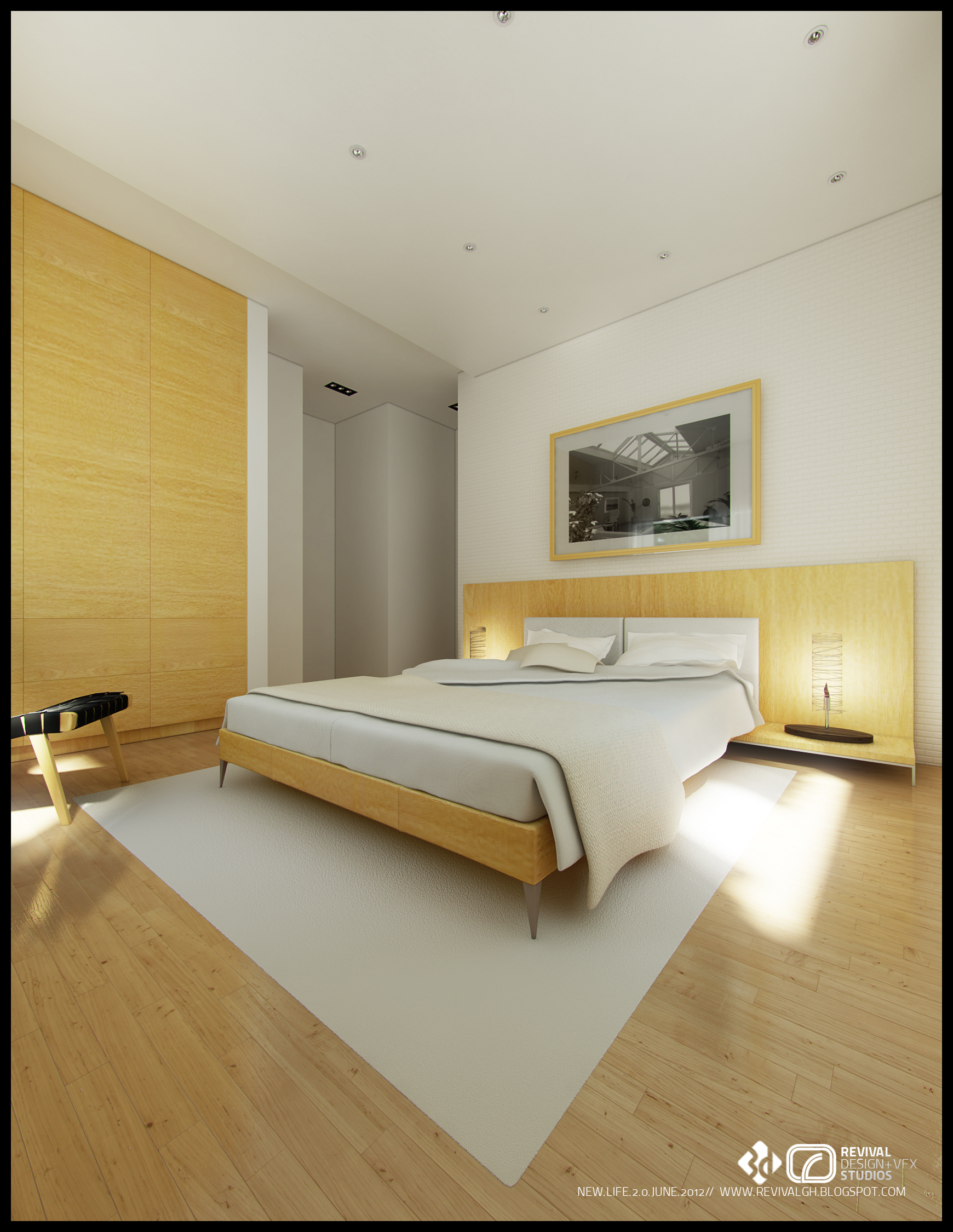 Interior visualization of the bedroom: a low platform bed with crisp white bedding sits before a wood-clad headboard wall and matching wardrobe, a framed photograph hung above, warm timber floor and a bright shaft of daylight falling across a pale rug.